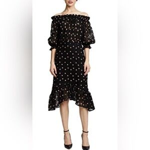Saloni Embroidery Tulle Midi Dress Black Scarlet Dot Rose Size 4